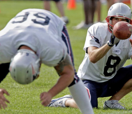 Patriots long snapper Lonie Paxton, shown here working on his form with former New England punter Josh Miller during the 2006 season, has held the position with the Patriots since 2000. STEPHAN SAVOIA/Associated Press